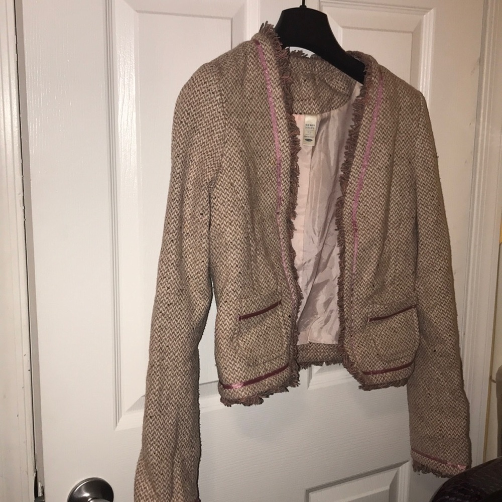 Woman’s Old Navy pink fringe wool blazer.